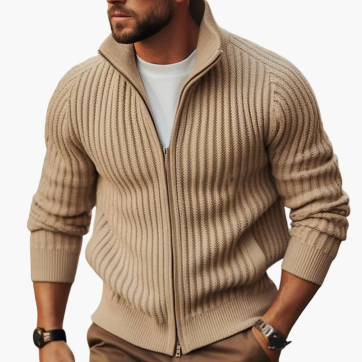 Men's Ribbed Zip Sweater - Regular Fit Crew Neck - Beige