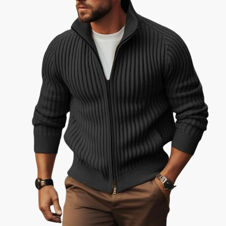 Men's Ribbed Zip Sweater - Regular Fit Crew Neck - Dark Grey