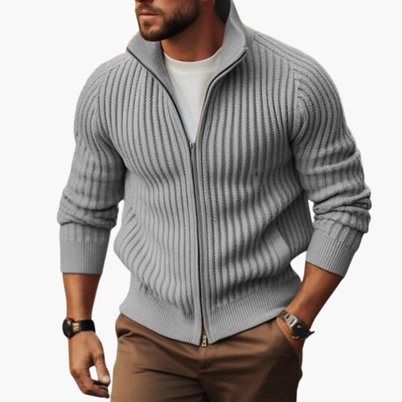Men's Ribbed Zip Sweater - Regular Fit Crew Neck - Grey