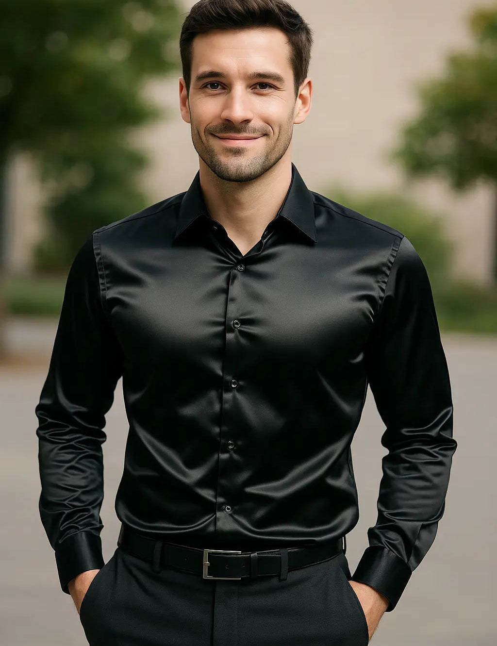 Men's Satin Dress Shirt - Slim Fit Long Sleeve - Black