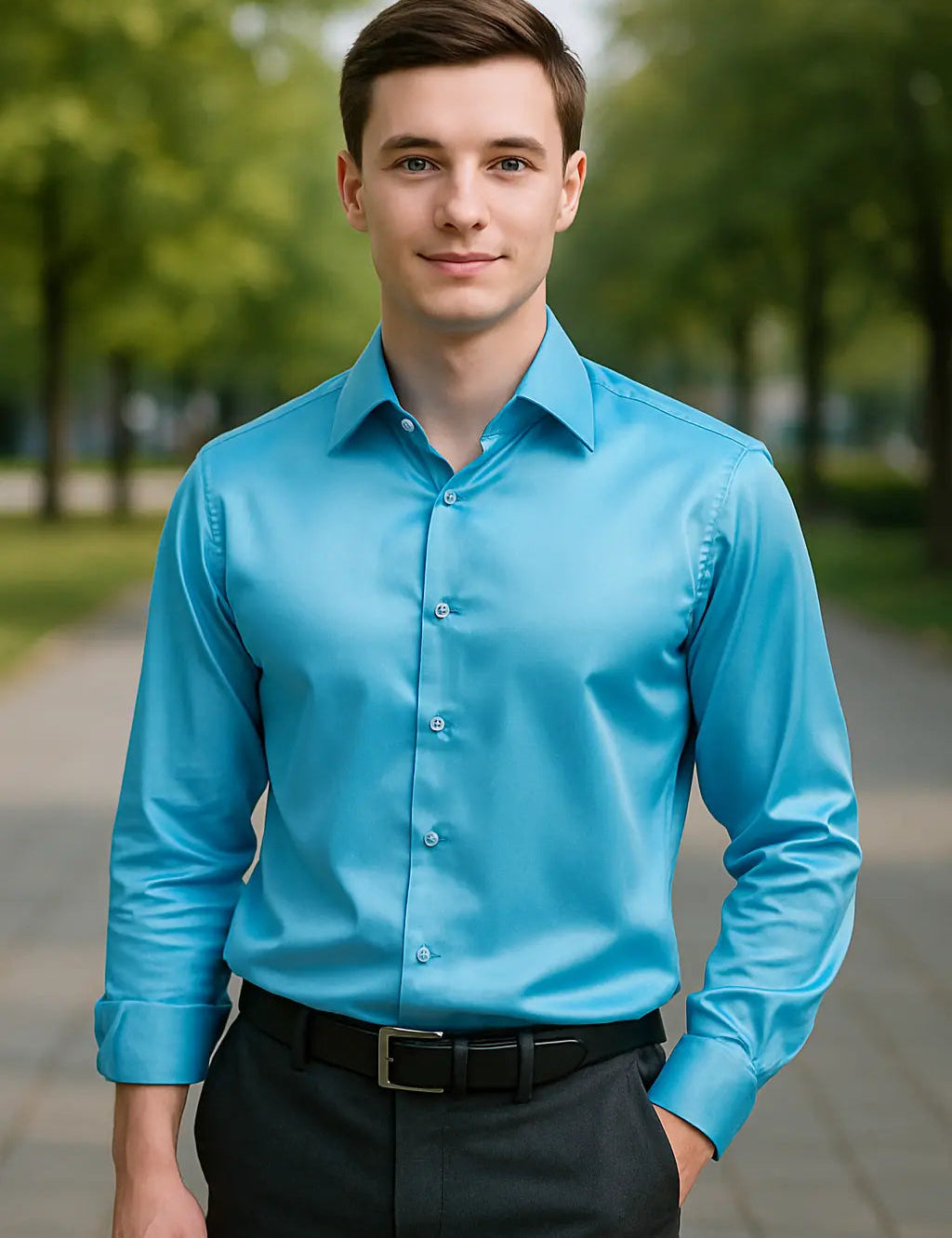 Men's Satin Dress Shirt - Slim Fit Long Sleeve - Blue