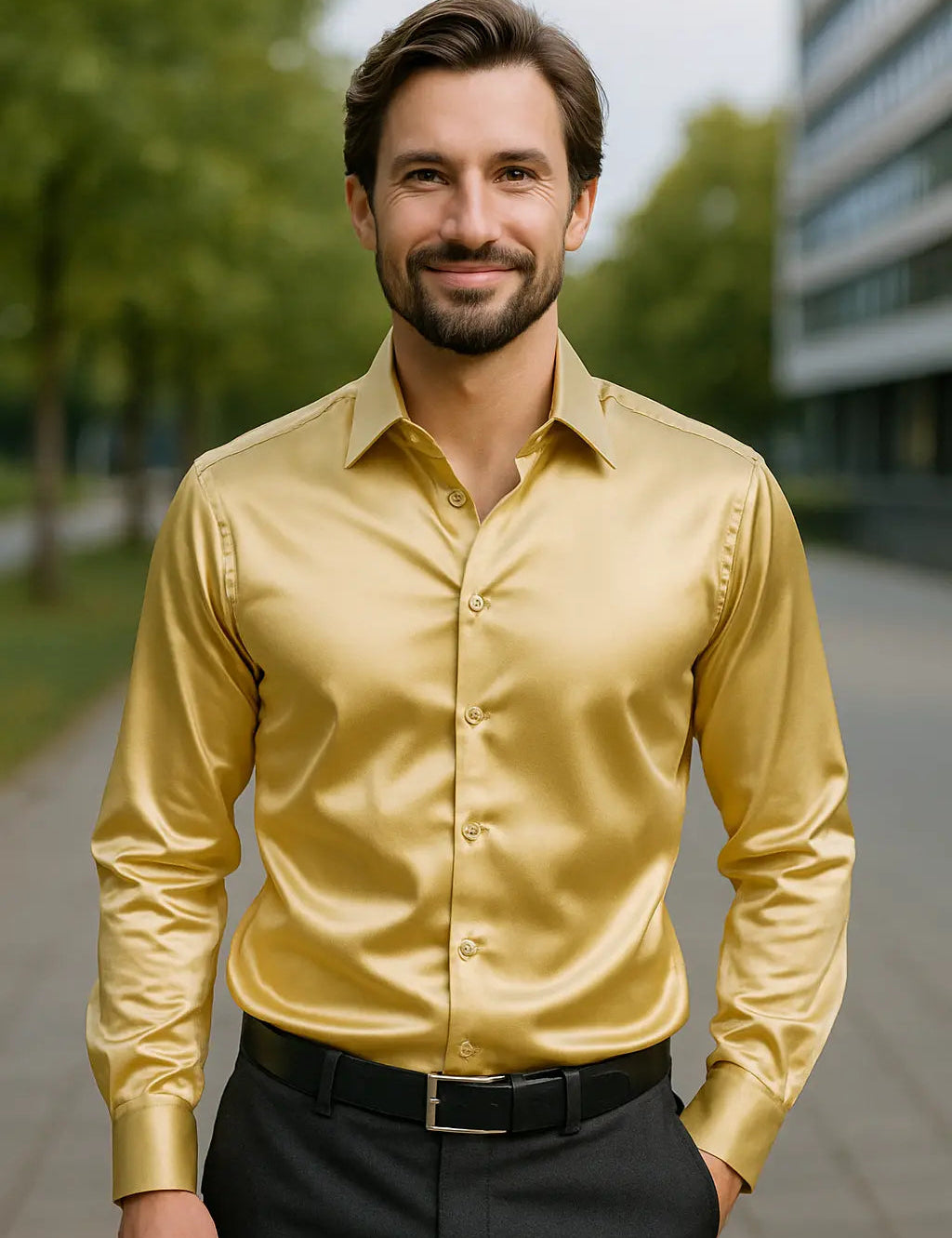 Men's Satin Dress Shirt - Slim Fit Long Sleeve - Gold