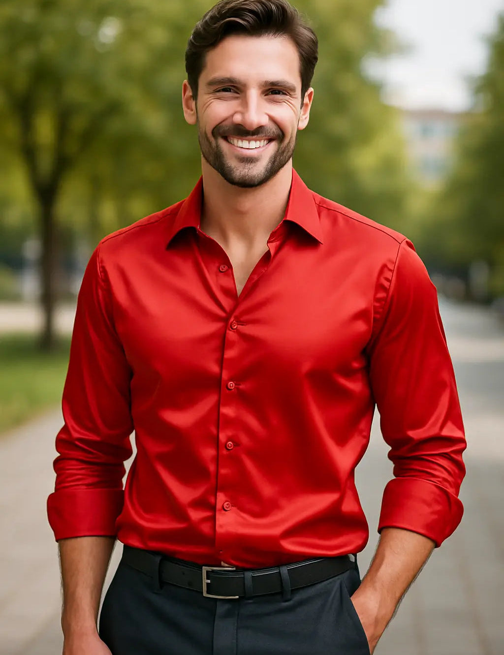 Men's Satin Dress Shirt - Slim Fit Long Sleeve - Red