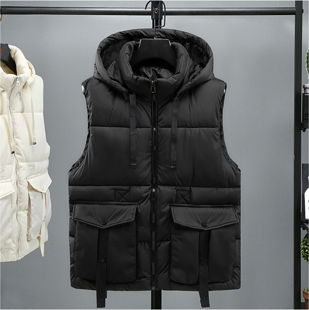 Men's Sleeveless Puffer Vest - Removable Hood Warm Winter - Black