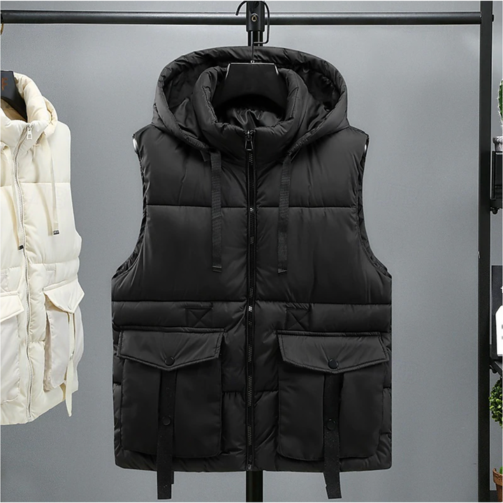 Men's Sleeveless Puffer Vest - Removable Hood Warm Winter - Black