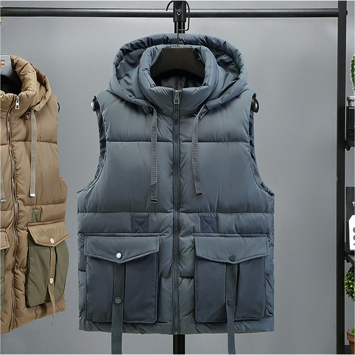 Men's Sleeveless Puffer Vest - Removable Hood Warm Winter - Blue