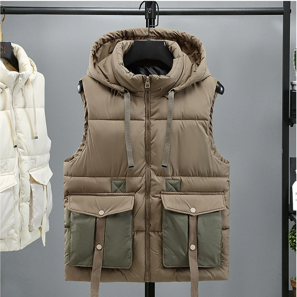 Men's Sleeveless Puffer Vest - Removable Hood Warm Winter - Khaki