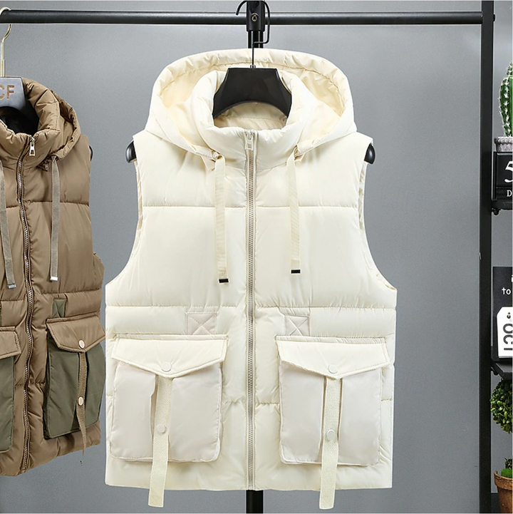 Men's Sleeveless Puffer Vest - Removable Hood Warm Winter - White