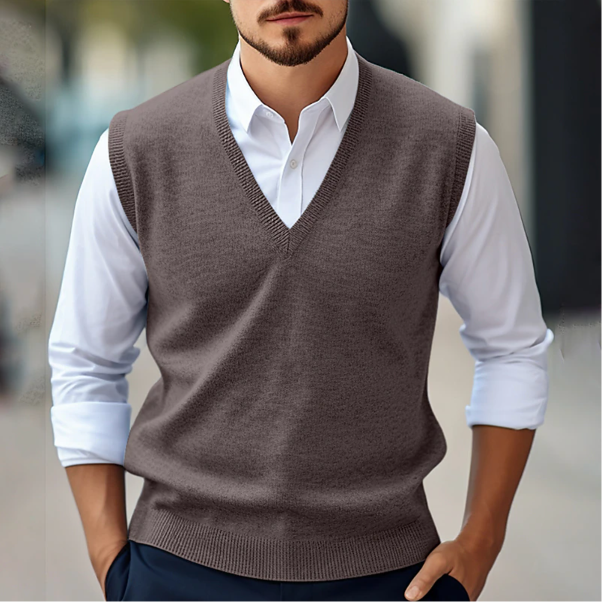 Men's Sleeveless V-Neck Sweater Vest - Casual Knit - Brown