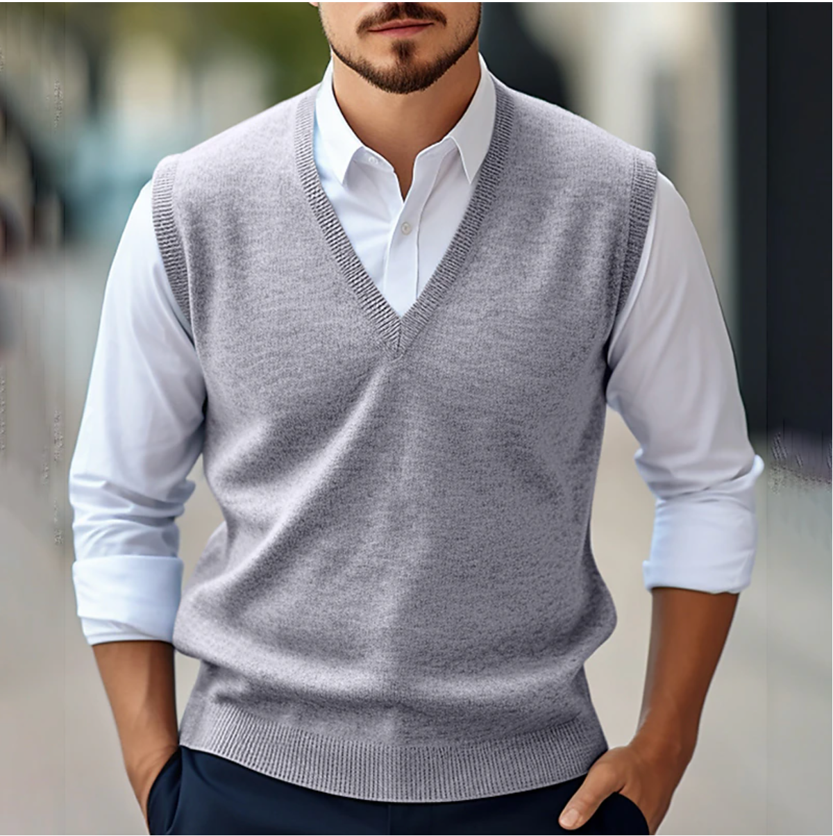 Men's Sleeveless V-Neck Sweater Vest - Casual Knit - Grey