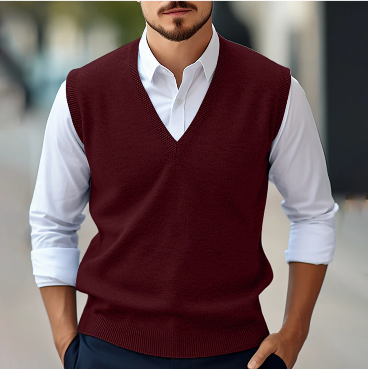Men's Sleeveless V-Neck Sweater Vest - Casual Knit - Red