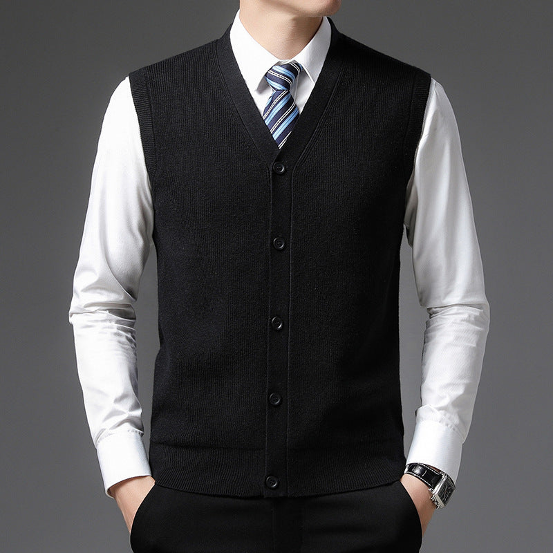 Men's Sleeveless V-Neck Vest - Slim Fit Button Closure - Black