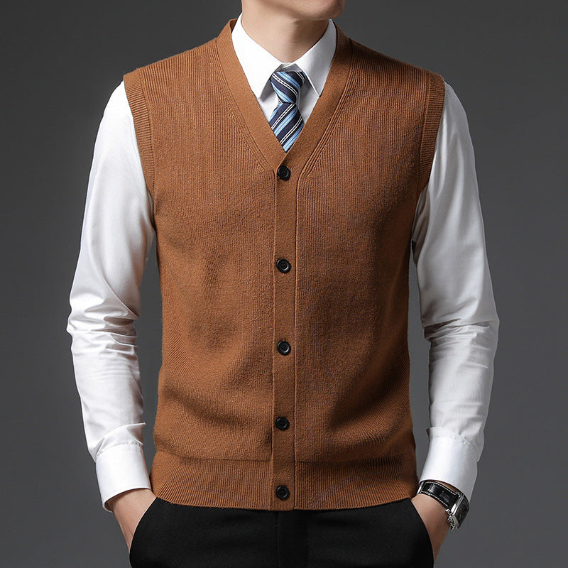 Men's Sleeveless V-Neck Vest - Slim Fit Button Closure - Brown