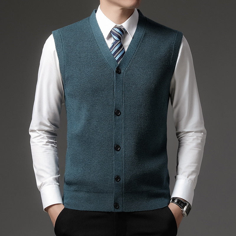 Men's Sleeveless V-Neck Vest - Slim Fit Button Closure - Green
