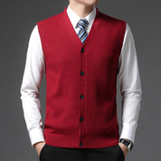 Men's Sleeveless V-Neck Vest - Slim Fit Button Closure - Red