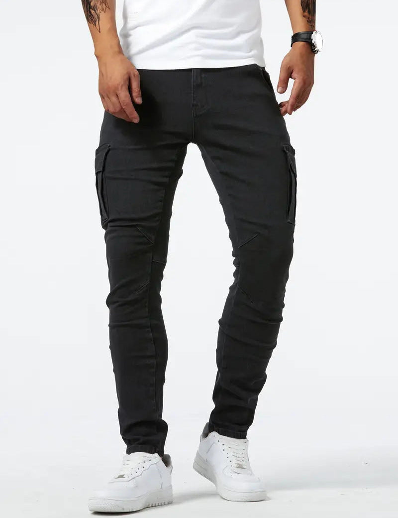 Men's Slim Fit Cargo Jeans - Multiple Pockets & Stretch - Black