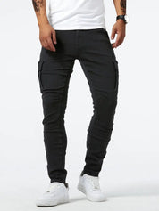 Men's Slim Fit Cargo Jeans - Multiple Pockets & Stretch - Black