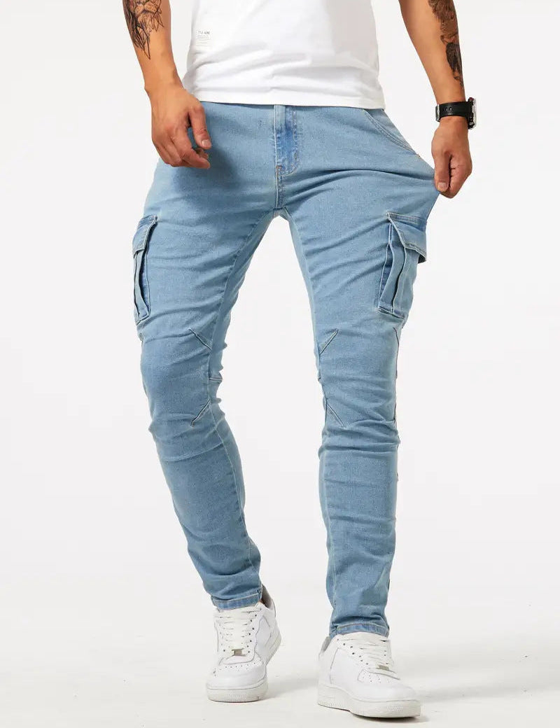 Men's Slim Fit Cargo Jeans - Multiple Pockets & Stretch - Blue