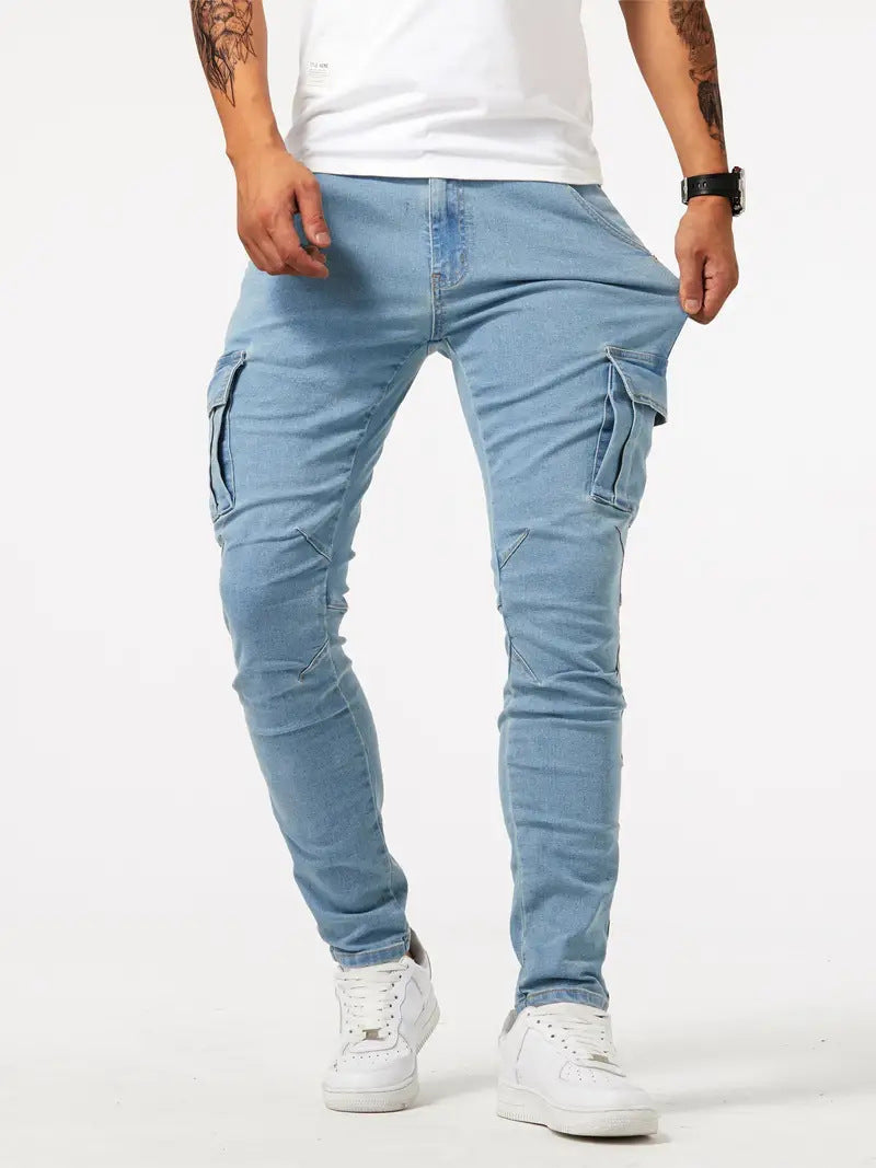 Men's Slim Fit Cargo Jeans - Multiple Pockets & Stretch - Blue