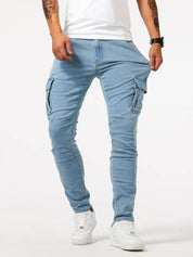 Men's Slim Fit Cargo Jeans - Multiple Pockets & Stretch - Blue