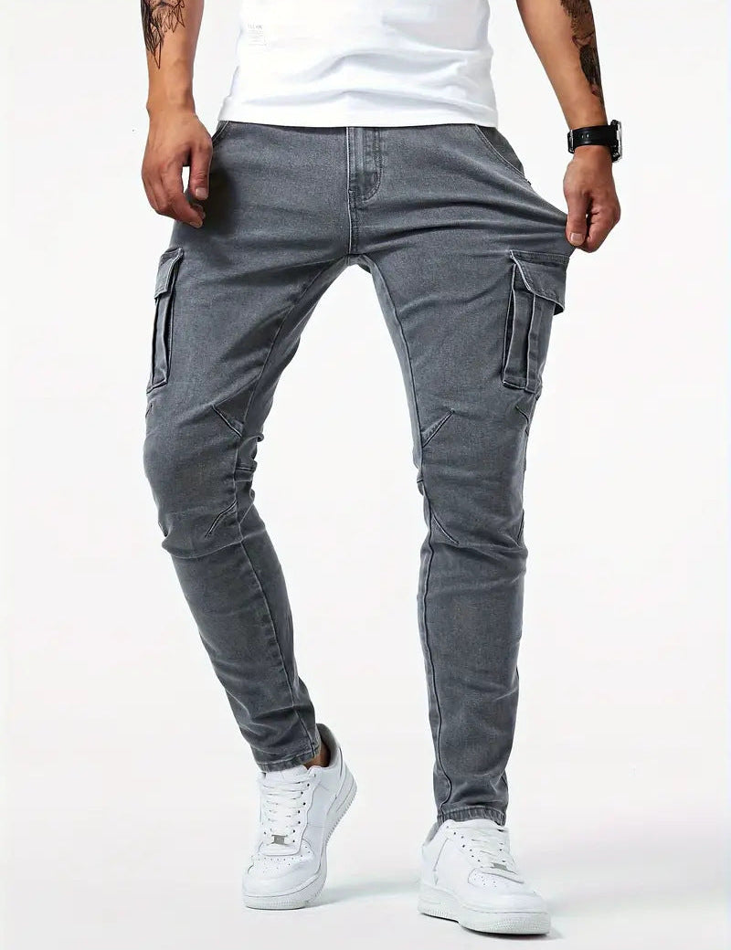 Men's Slim Fit Cargo Jeans - Multiple Pockets & Stretch - Grey