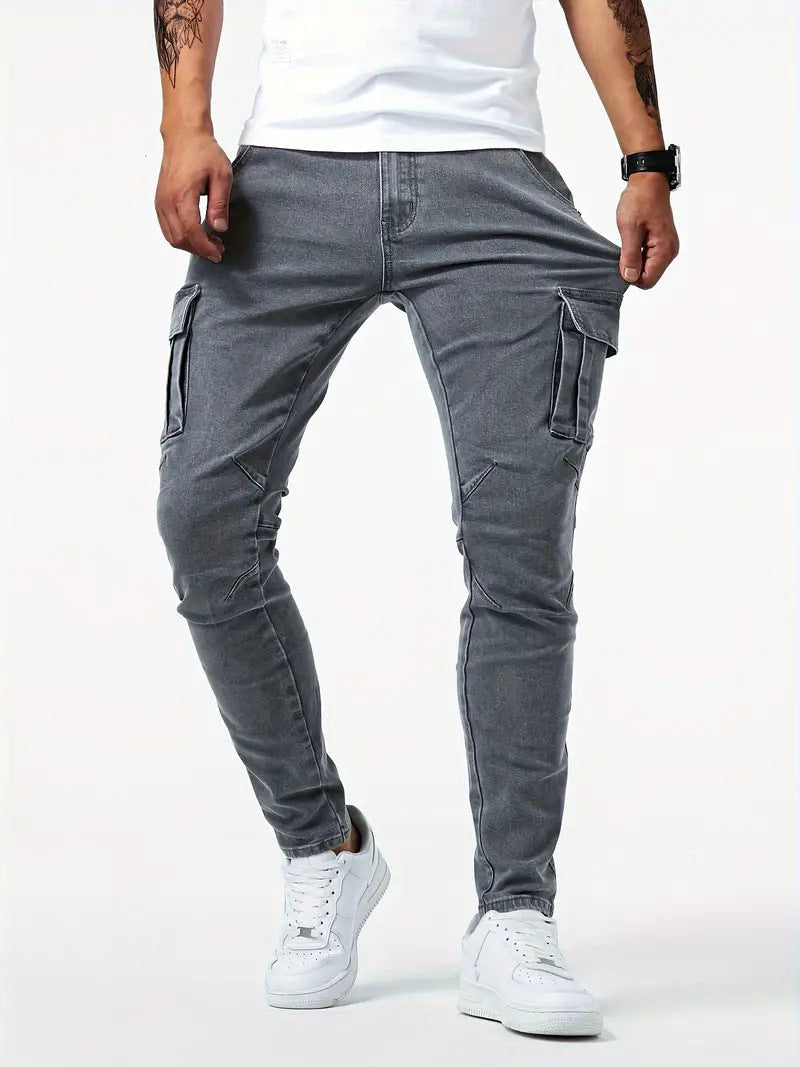 Men's Slim Fit Cargo Jeans - Multiple Pockets & Stretch - Grey