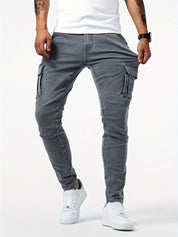 Men's Slim Fit Cargo Jeans - Multiple Pockets & Stretch - Grey