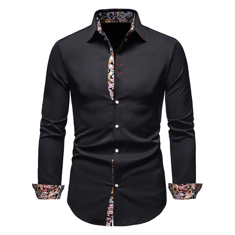 Men's Slim Fit Cotton Shirt - Modern Paisley Print - Black