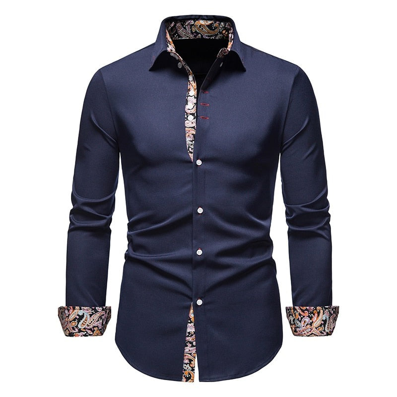 Men's Slim Fit Cotton Shirt - Modern Paisley Print - Blue