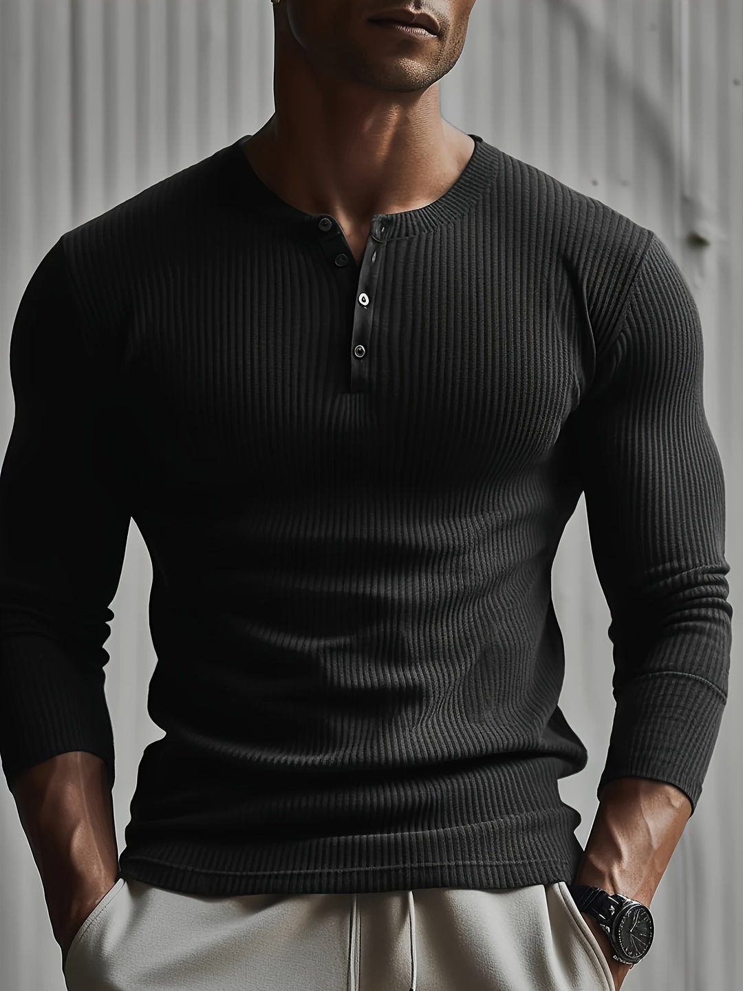 Men's Slim Fit Ribbed Shirt - Modern Casual Style - Black