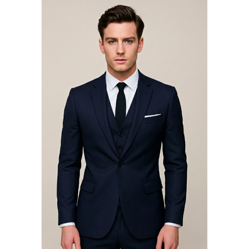 Men's Slim Fit Three-Piece Suit Set - Navy, Black, Grey - Navy