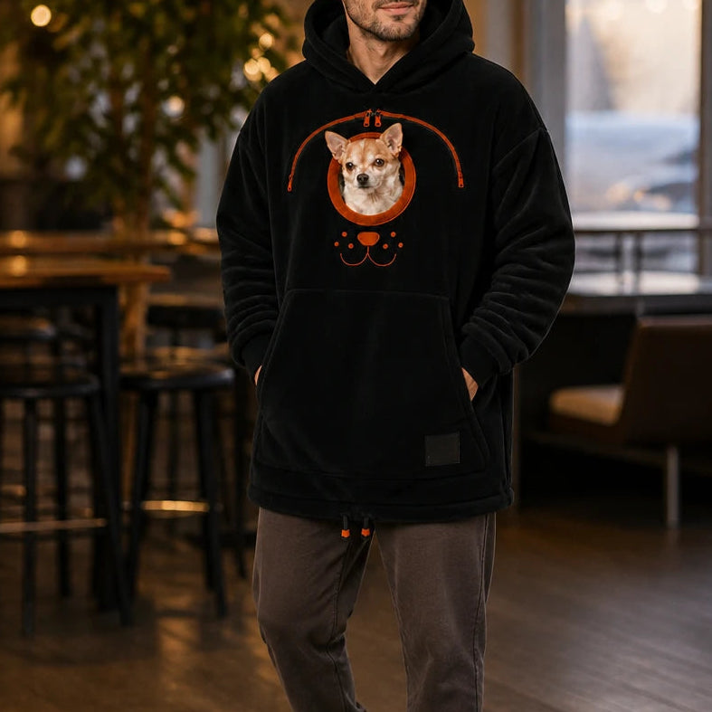 Men's Small Dog Pouch Hoodie in black, Hands-Free Pet Carrier