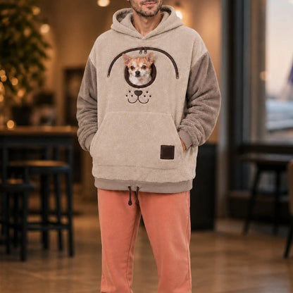 Men's Small Dog Pouch Hoodie in taupe beige, Hands-Free Pet Carrier