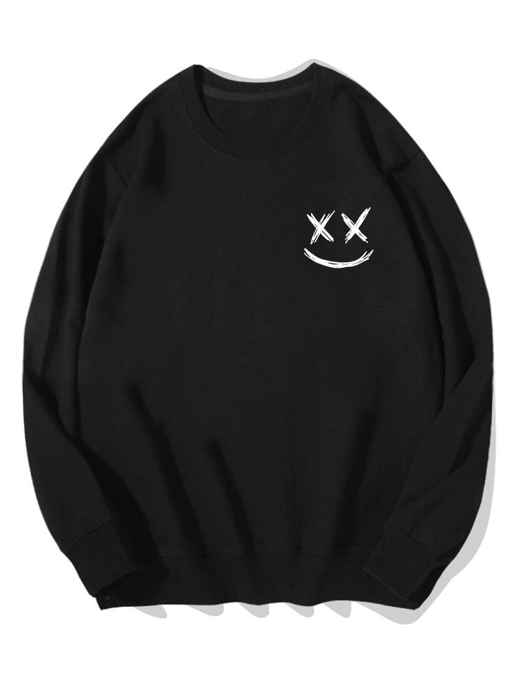 Men's Smiley Face Print Sweatshirt – Relaxed Fit Crew Neck - Black