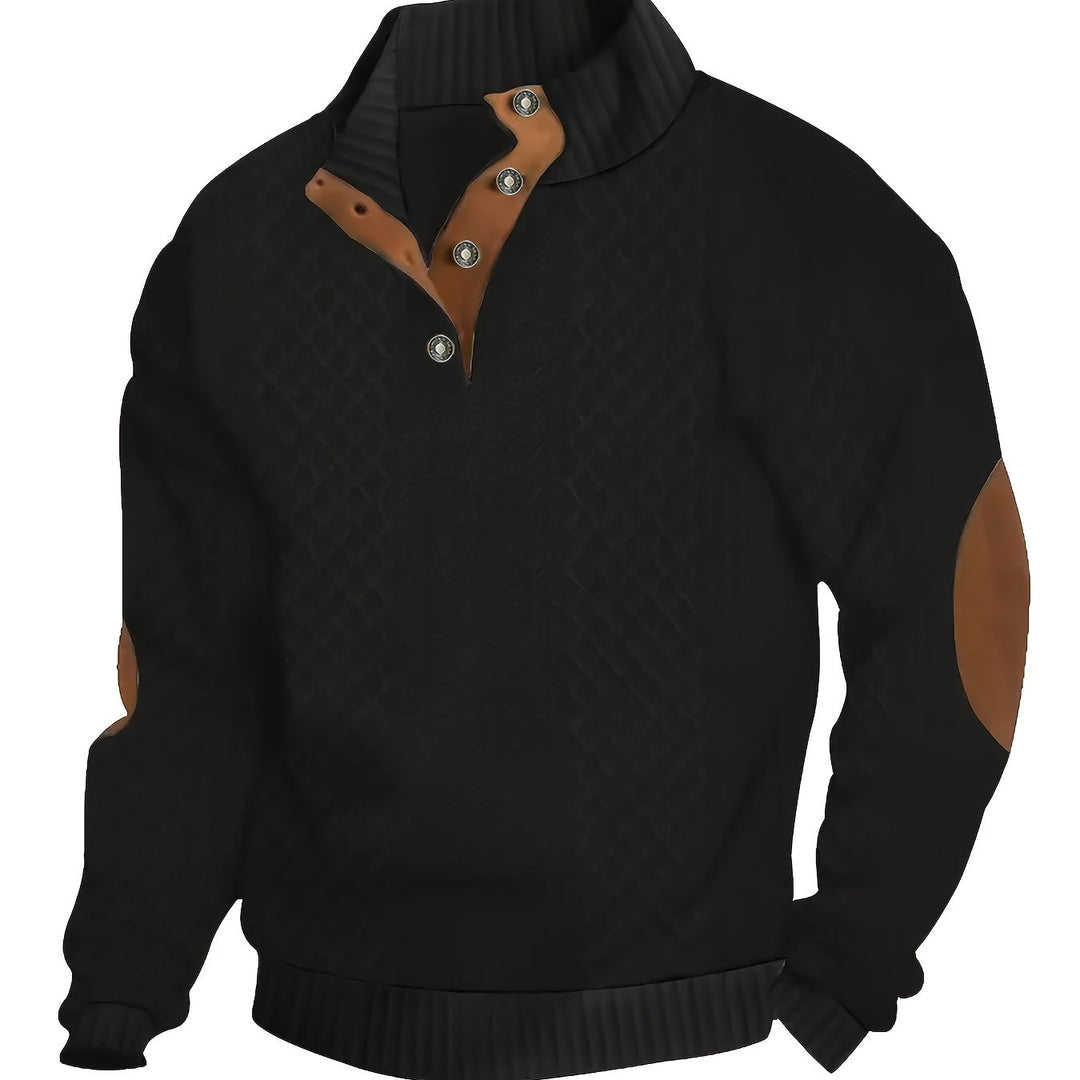 Men's Stand Collar Button Henley Sweater in black, Textured Knit