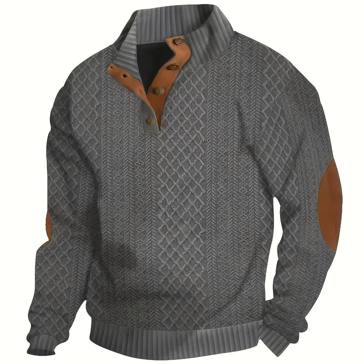 Men's Stand Collar Button Henley Sweater in dark gray, Textured Knit