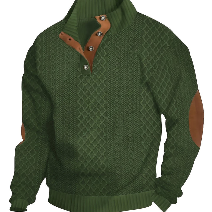 Men's Stand Collar Button Henley Sweater in fern green, Textured Knit