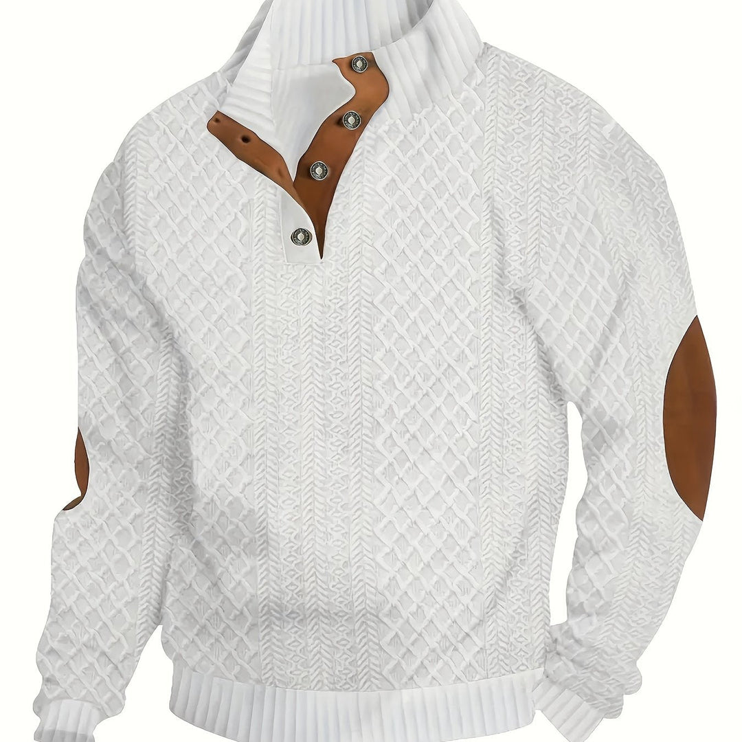 Men's Stand Collar Button Henley Sweater in ivory white, Textured Knit