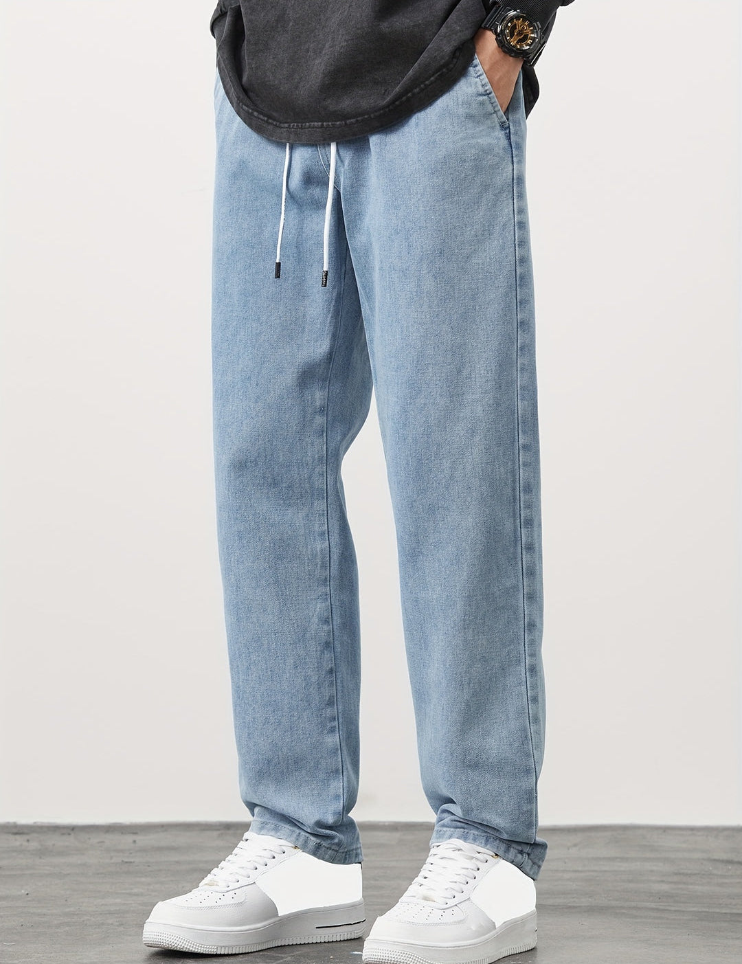 Men's Straight Leg Denim Jeans - Washed Look with Drawstring - Blue