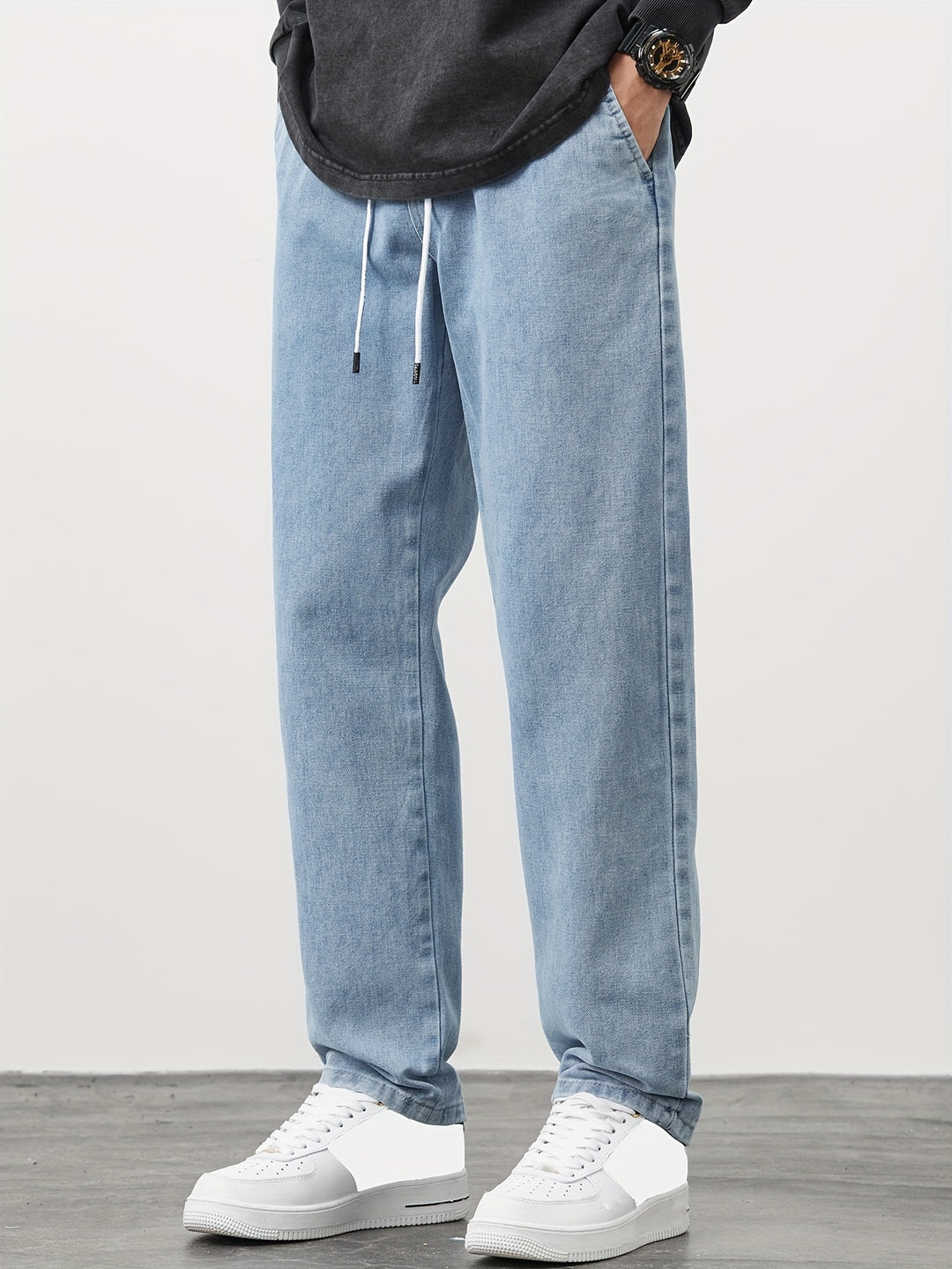 Men's Straight Leg Denim Jeans - Washed Look with Drawstring - Blue