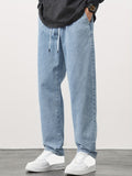 Men's Straight Leg Denim Jeans - Washed Look with Drawstring