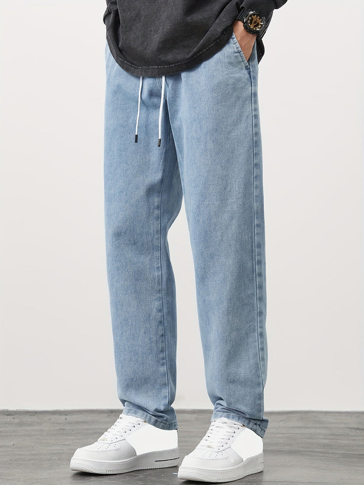 Men's Straight Leg Denim Jeans - Washed Look with Drawstring - Blue