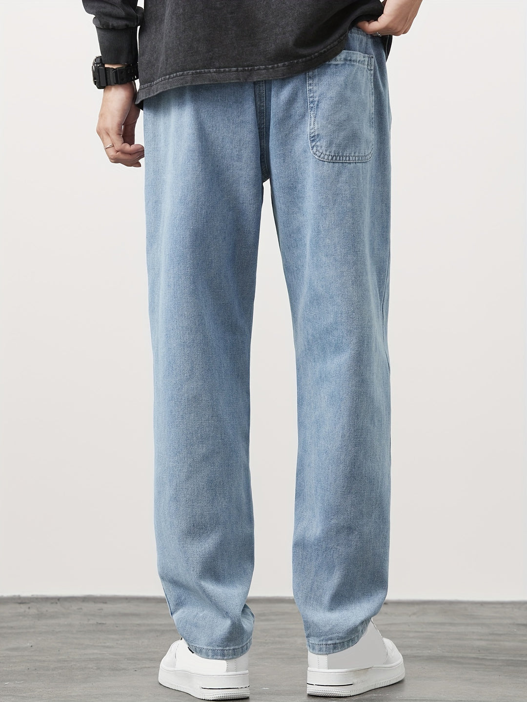 Men's Straight Leg Denim Jeans - Washed Look with Drawstring