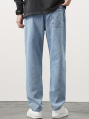 Men's Straight Leg Denim Jeans - Washed Look with Drawstring