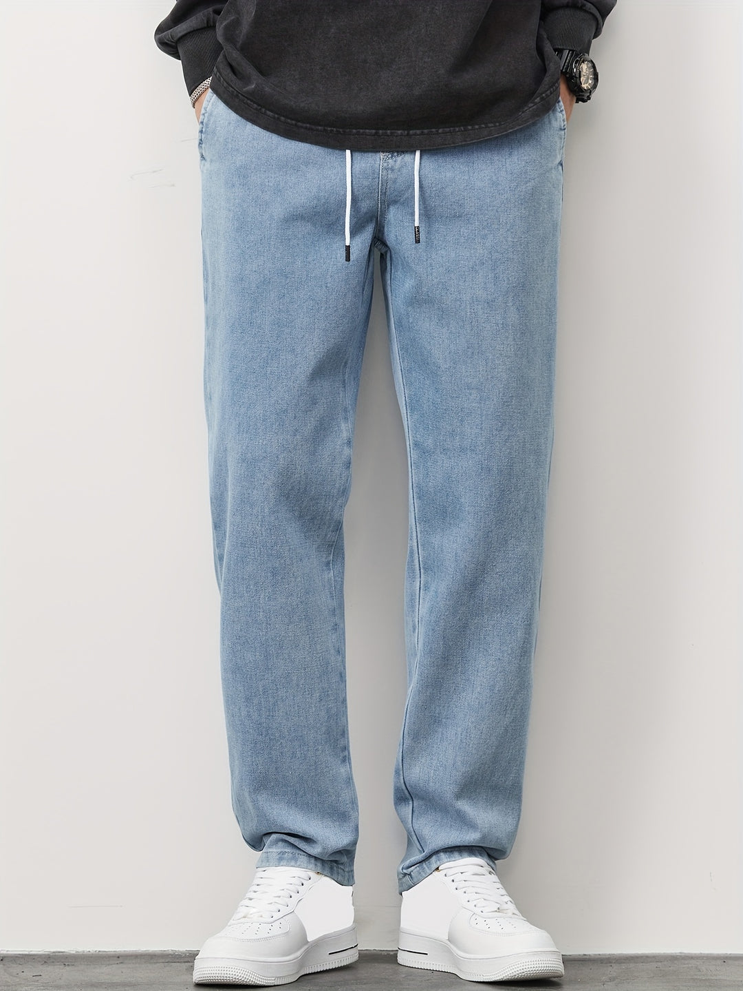 Men's Straight Leg Denim Jeans - Washed Look with Drawstring