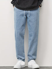 Men's Straight Leg Denim Jeans - Washed Look with Drawstring
