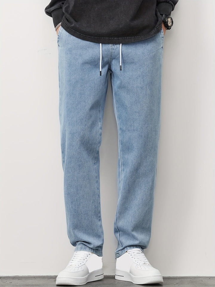 Men's Straight Leg Denim Jeans - Washed Look with Drawstring