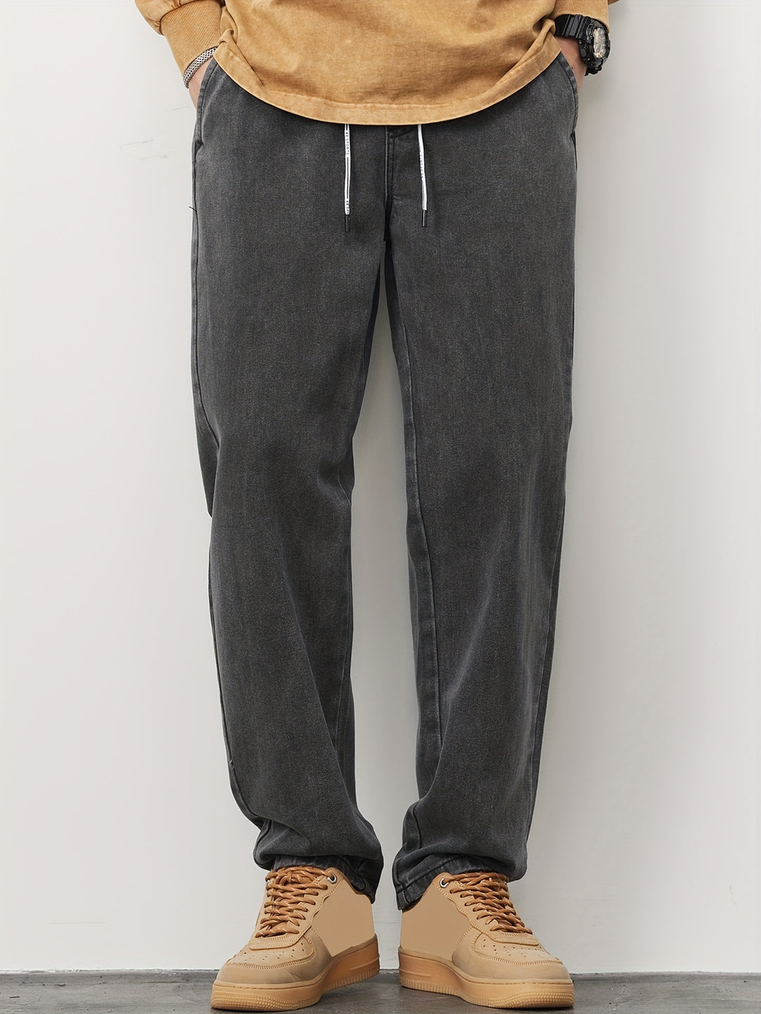 Men's Straight Leg Denim Jeans - Washed Look with Drawstring
