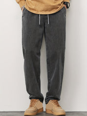 Men's Straight Leg Denim Jeans - Washed Look with Drawstring