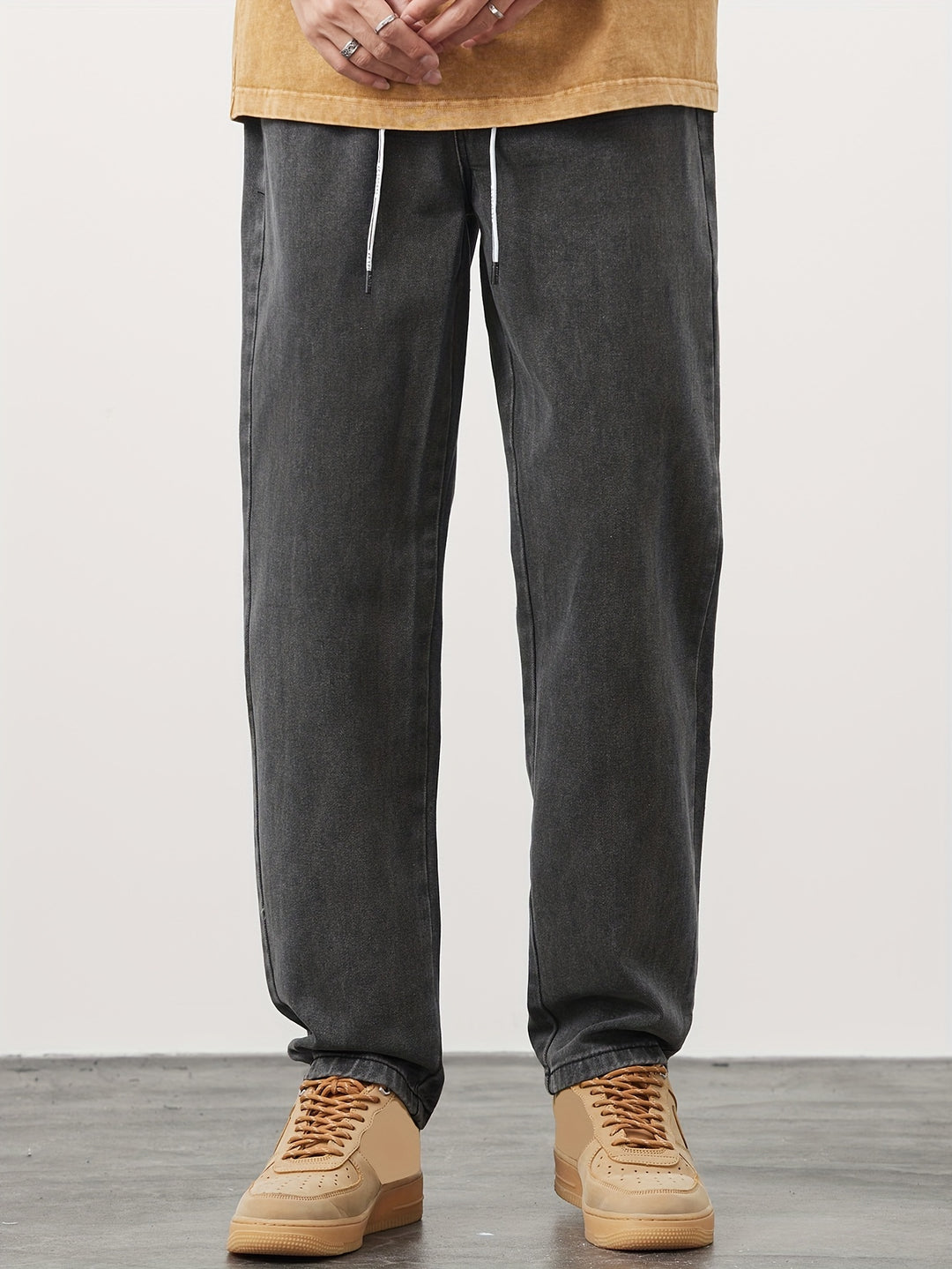 Men's Straight Leg Denim Jeans - Washed Look with Drawstring